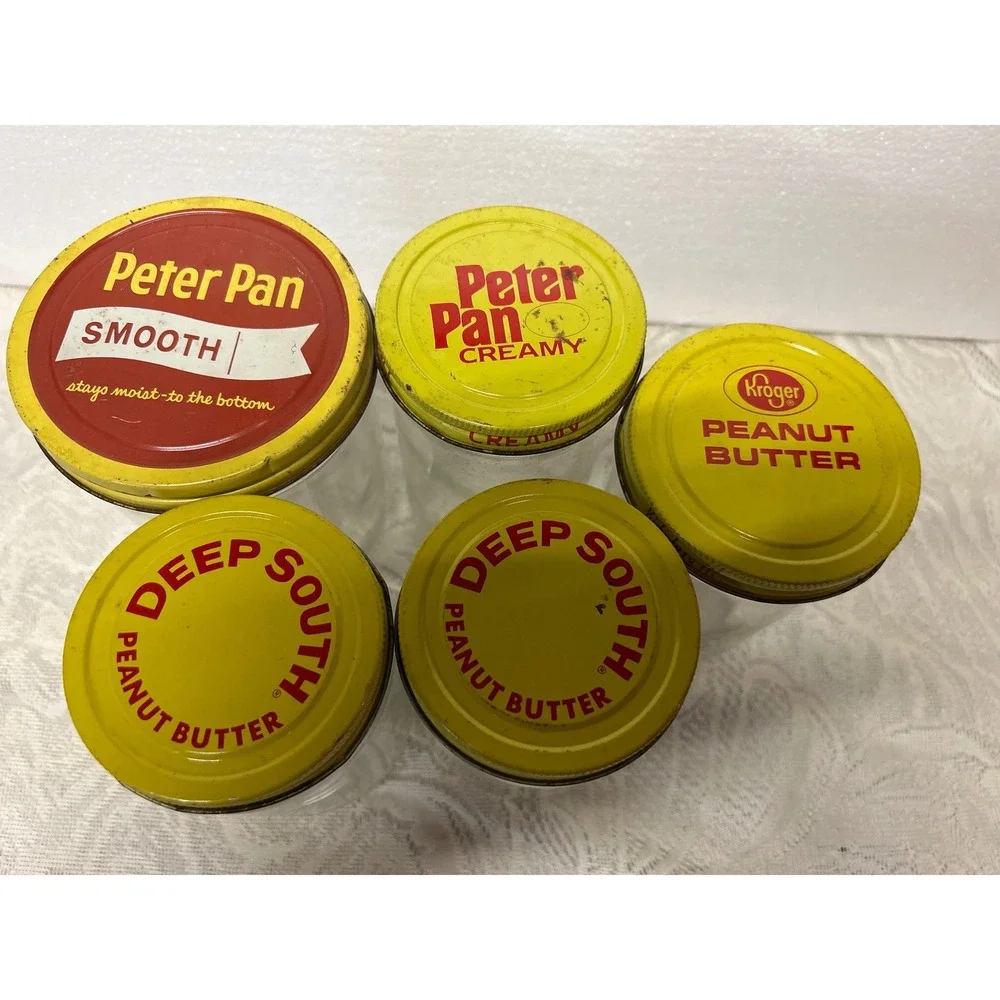 Vintage Peanut Butter Jars Lot of 5 Peter Pan Deep South Kroger Metal Lids Glass